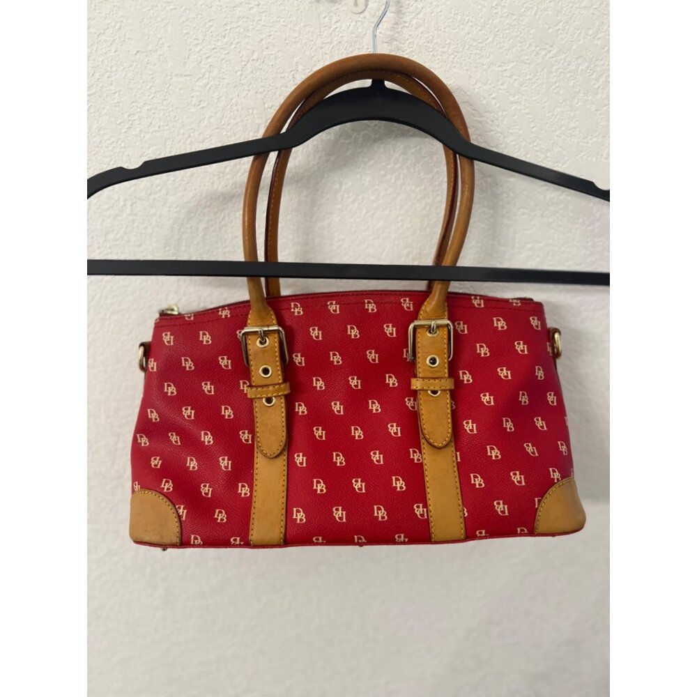 Dooney & Bourke Red Monogrammed Satchel Handbag With Tan Leather Trim & Handles